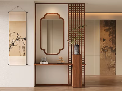 Chinese Style Entryway Hallway With Wooden Partition Mirror Scroll Painting And Green Plant 3d model
