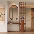 Chinese Style Entryway Hallway With Wooden Partition Mirror Scroll Painting And Green Plant