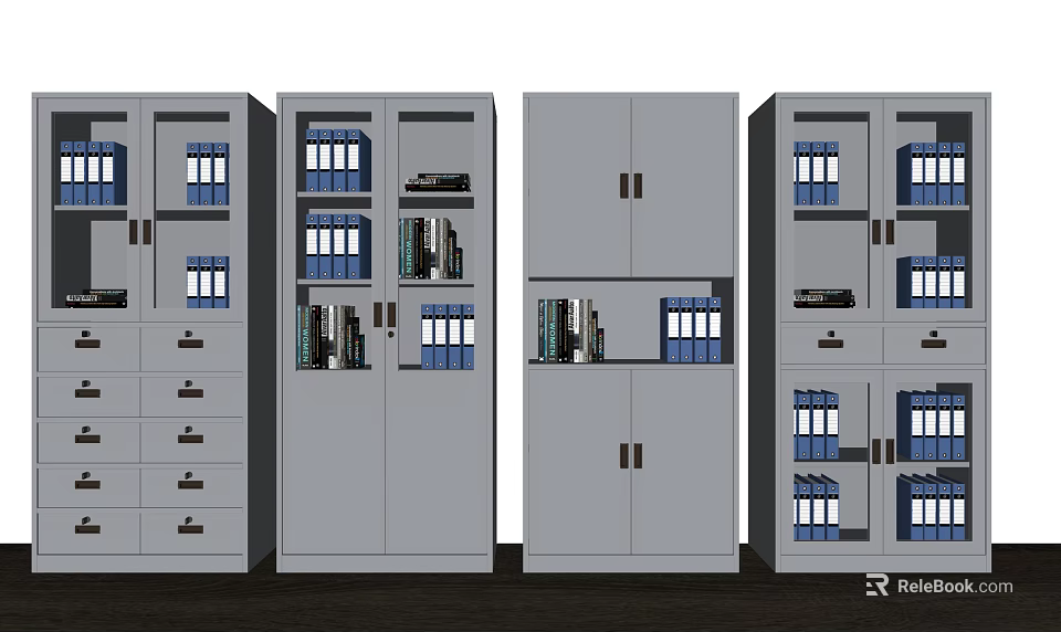 Office Bookcase With Blue Folders Books Drawers And Cabinet Doors 3d model 