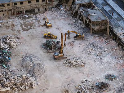 Active Demolition Site With Multiple Excavators Working Amidst Building Rubble And Debris 3d model