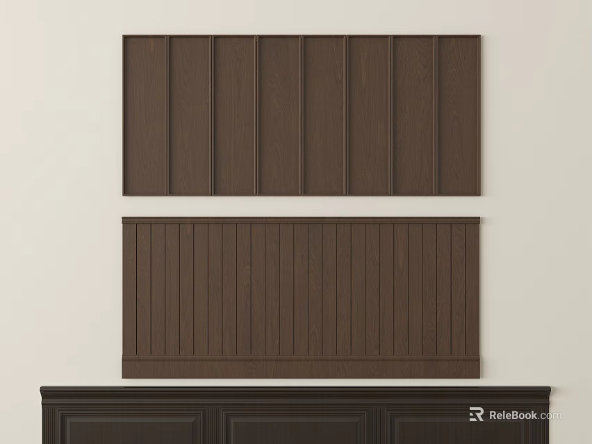 Dark Brown Wooden Wainscoting With Vertical Panel Design And Lower Cabinet 3d model 