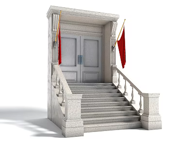 Stone Grand Entrance Door With Double Doors Red Flags Stairs And Railings 3d model