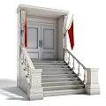 Stone Grand Entrance Door With Double Doors Red Flags Stairs And Railings