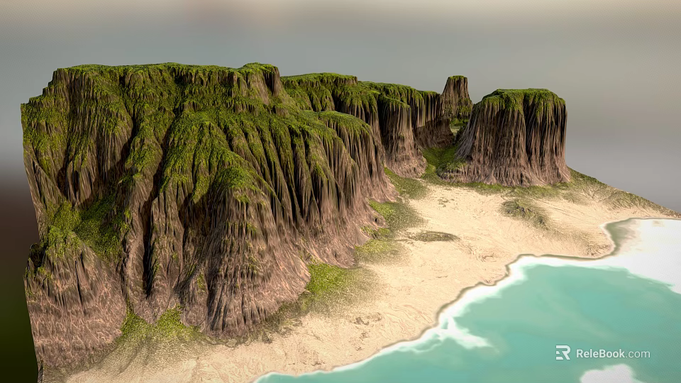 Garden Landscape Featuring Green Cliffs With Vegetation Sandy Beach And Blue Water 3d model 
