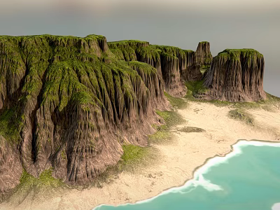 Garden Landscape Featuring Green Cliffs With Vegetation Sandy Beach And Blue Water 3d model