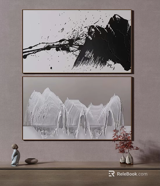 Modern Abstract Wall Art With Black Brush Strokes And White Mountain Design 3d model 