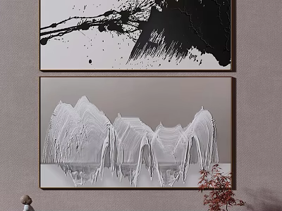 Modern Abstract Wall Art With Black Brush Strokes And White Mountain Design 3d model
