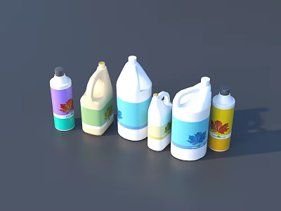 Collection of Different Designed Cleaning Bottles With Various Colors And Leaf Patterns 3d model