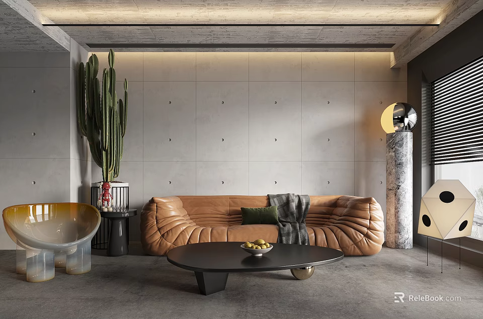 Modern Living Room Interior With Brown Leather Sofa Black Coffee Table And Large Cactus Plant 3d model 