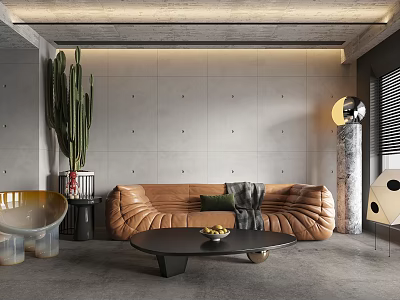 Modern Living Room Interior With Brown Leather Sofa Black Coffee Table And Large Cactus Plant 3d model
