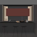 Modern Kitchen Interior Design With Dark Cabinets Island Counter And Three Stools 3d model
