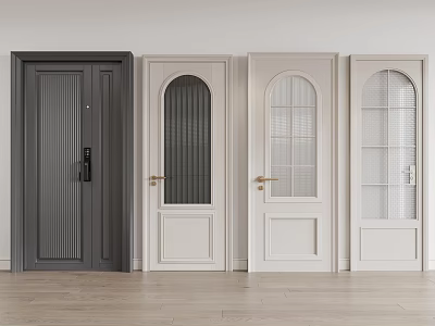 Interior Gray and White Hinged Doors Featuring Arched Grid Glass Panels and Handles 3d model