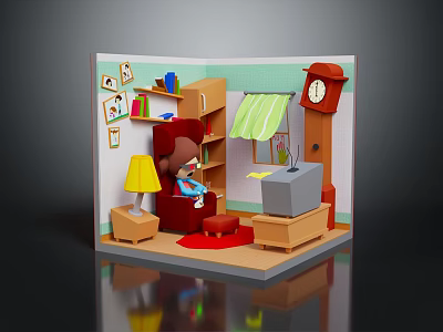 Cartoon Room Scene Featuring Red Sofa TV Bookshelf Lamp Window Curtain And Rug 3d model