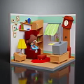 Cartoon Room Scene Featuring Red Sofa TV Bookshelf Lamp Window Curtain And Rug