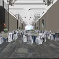 Elegant Banquet Hall Interior With Luxurious Chandeliers Dining Tables And Purple Chair Sashes