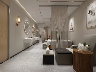 SPA Sauna Modern Interior With Marble Floor Round Mirrors Sofas Curtains And Artworks 3d model