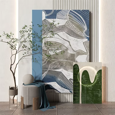 Abstract Art Painting With Green Plant And Decorative Sculpture In Modern Interior 3d model