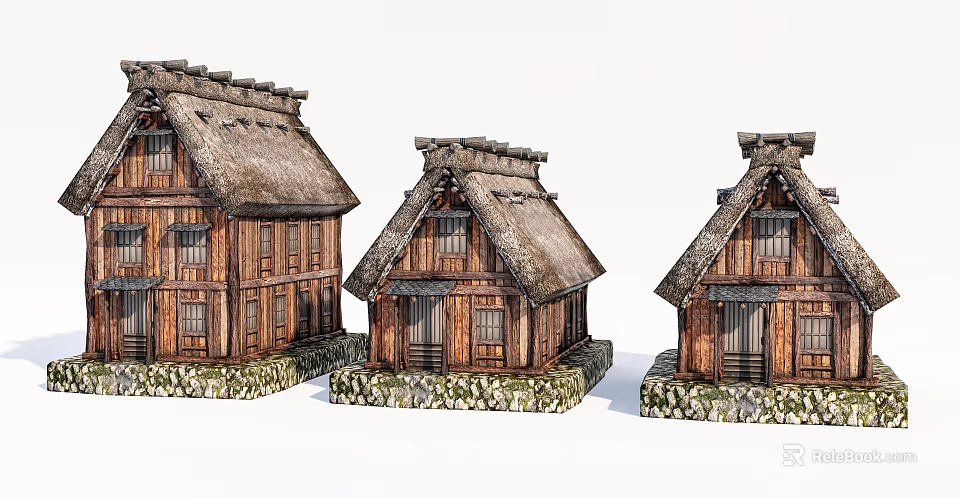 Cartoon Scenic Japanese Traditional Thatched Roof Wooden Houses With Stone Base 3d model 