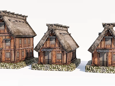 Cartoon Scenic Japanese Traditional Thatched Roof Wooden Houses With Stone Base 3d model