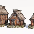 Cartoon Scenic Japanese Traditional Thatched Roof Wooden Houses With Stone Base