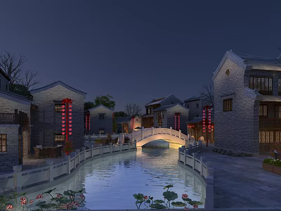 Ancient Architecture Riverside Scene With Stone Bridge Red Lanterns And Water Canal At Night 3d model