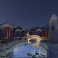 Ancient Architecture Riverside Scene With Stone Bridge Red Lanterns And Water Canal At Night