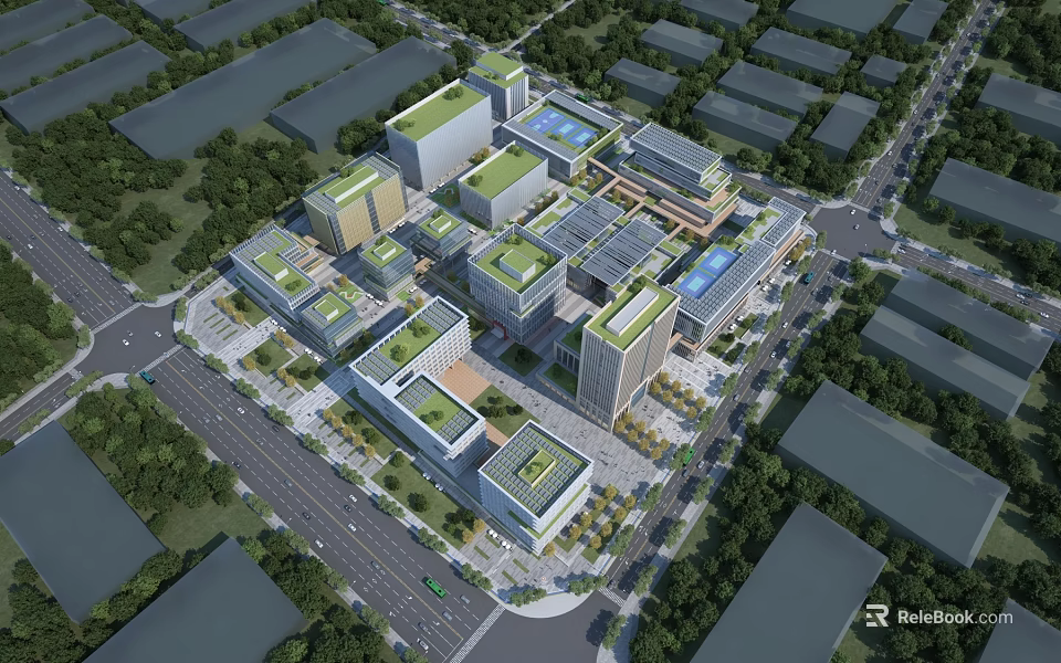 Modern Industrial Factory Park With Green Roofs And Surrounding Greenery Road Layout 3d model 