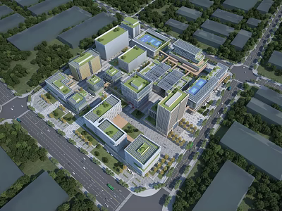Modern Industrial Factory Park With Green Roofs And Surrounding Greenery Road Layout 3d model
