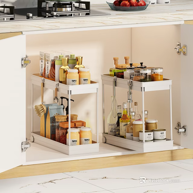 Organized Spice Bottles In Kitchen Cabinet With Stainless Steel Storage Racks 3d model 
