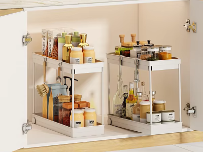 Organized Spice Bottles In Kitchen Cabinet With Stainless Steel Storage Racks 3d model