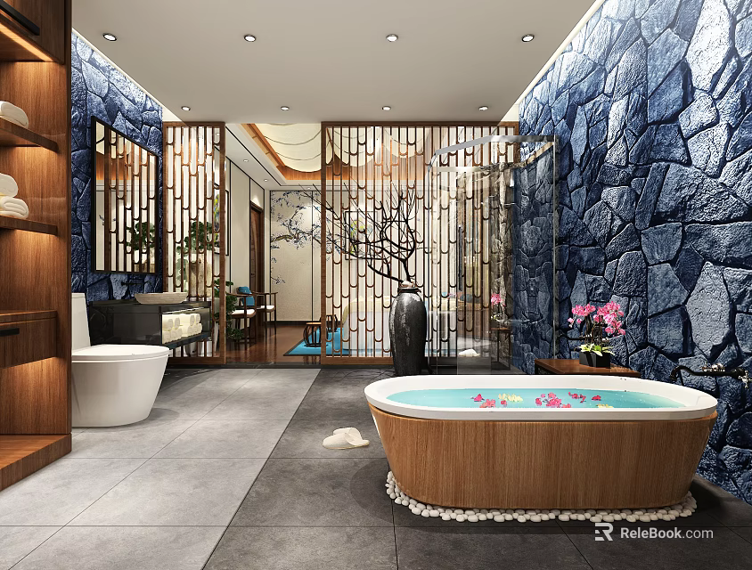Elegant Modern Hotel Bathroom Interior With Blue Stone Wall Wooden Bathtub And Petals 3d model 