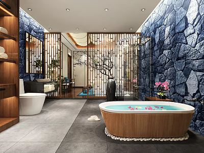 Elegant Modern Hotel Bathroom Interior With Blue Stone Wall Wooden Bathtub And Petals 3d model
