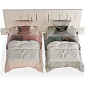 Modern Single Bed with Pink Gray Bedding and Decorative Pillows on Wooden Wall