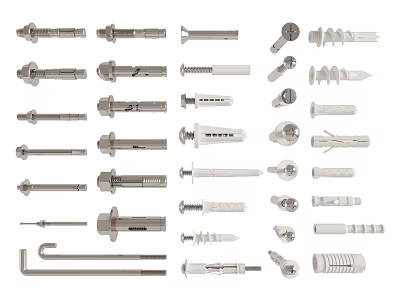 Various Metal And Plastic Fasteners Including Screws Bolts And Nails 3d model
