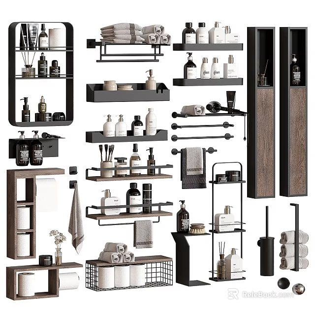 Modern Bathroom Storage Shelves With Wooden Metal Racks And Towel Holders 3d model 