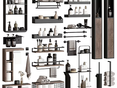 Modern Bathroom Storage Shelves With Wooden Metal Racks And Towel Holders 3d model