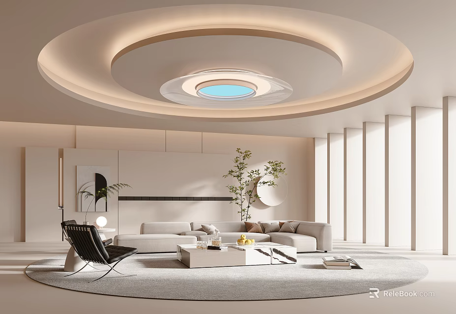 Modern Living Room Interior With Circular Ceiling Lighting Circular Rug Light Sofa And Coffee Table 3d model 