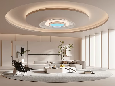Modern Living Room Interior With Circular Ceiling Lighting Circular Rug Light Sofa And Coffee Table 3d model