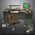 Children Learning At Vintage Study Desk With Retro Green Screen Computer Books And Wooden Chair