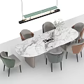 Modern Round Dining Table Set With Multi Colored Chairs Vase Plant And Pendant Light 3d model