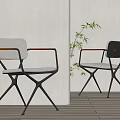 Modern Leisure Chairs In White Dark Design With Metal Frame Wooden Armrests And Green Plant