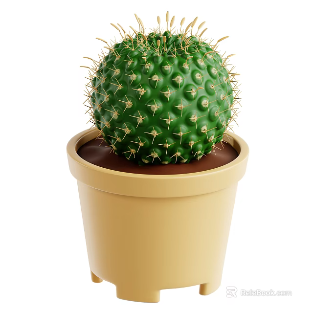 Indoor Green Spherical Cactus With Sharp Spines In Beige Pot And Brown Soil 3d model 