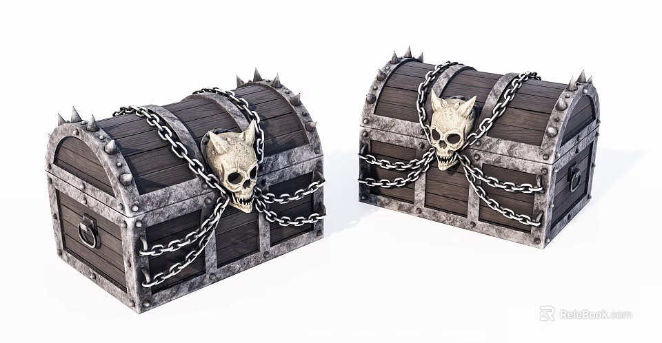 Wooden Treasure Chests with Skull Decorations Spiked Details and Chained Design 3d model 