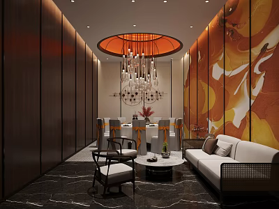 Luxurious Private Box Interior With Round Chandelier Sofa Dining Table And Decorative Wall 3d model