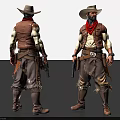 Man Wearing Cowboy Hat Brown Vest Red Bandana with Fringed Pants and Gun Holster