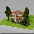 Small House with Red Roof Beige Walls Circular Patio and Green Grass Yard with Trees