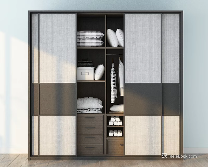 Modern Wardrobe With Sliding Doors Drawers Hanging Rods And Shelf Storage 3d model 
