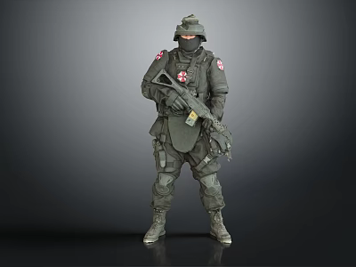 Tactical Military Soldier in Camouflage Uniform With Helmet Red Cross Insignia And Rifle 3d model