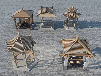 Traditional Chinese Wooden Pavilions Showcasing Various Roof Designs And Seating Areas 3d model