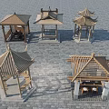 Traditional Chinese Wooden Pavilions Showcasing Various Roof Designs And Seating Areas
